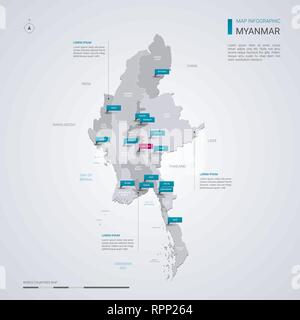 Myanmar (Burma) vector map with infographic elements, pointer marks. Editable template with regions, cities and capital Naypyidaw. Stock Vector