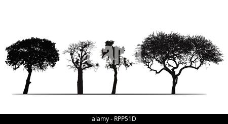 Set of silhouettes of African trees, isolated on white background - vector Stock Vector