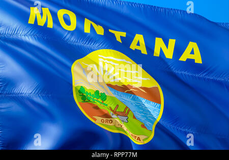 Montana flag. 3D Waving USA state flag design. The national US symbol of Montana state, 3D rendering. National colors and National flag of Montana for Stock Photo