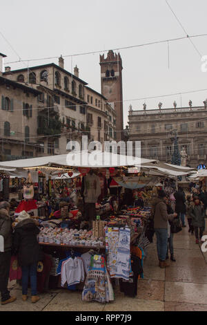 Italy, Verona - December 08 2017: the view of christmas market at Piazza delle Erbe on December 08 2017, Veneto, Italy. Stock Photo