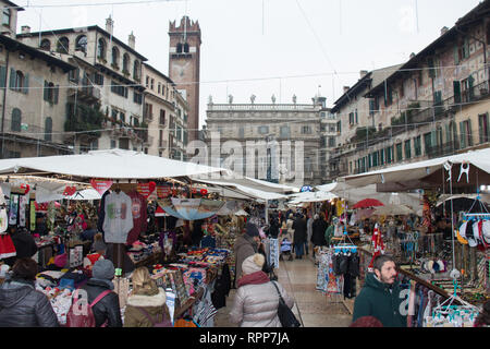 Italy, Verona - December 08 2017: the view of christmas market at Piazza delle Erbe on December 08 2017, Veneto, Italy. Stock Photo