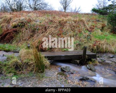 Plank bridge over Odin Stitch stream in the grounds of Odin Mine, near Castleton, Derbyshire, UK. Stock Photo