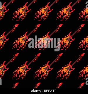 Flying Burning Guitars Seamless Pattern Background Vector Illustration Stock Vector