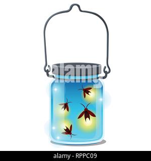 Glass transparent jar with glowing insects isolated on white background. Vector cartoon close-up illustration. Stock Vector