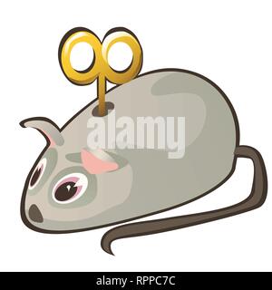 Clockwork mouse with key isolated on white background. Vector cartoon close-up illustration. Stock Vector