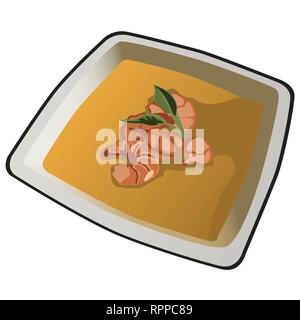 Delicious soup with shrimp on white porcelain plate isolated on white background. Vector cartoon close-up illustration. Stock Vector