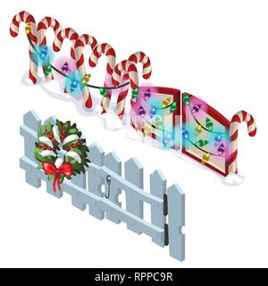 Element of wooden fence and candy cane with Christmas decorations isolated on white background. Vector cartoon close-up illustration. Stock Vector