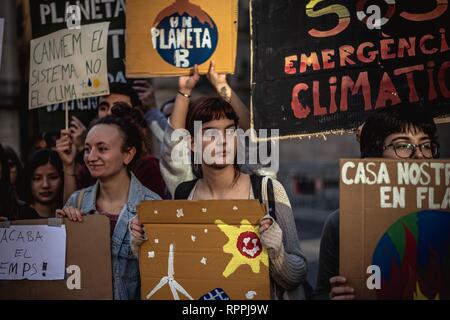 Barcelona, Spain. 22nd Feb, 2019. Students demand climate change action during the first 'Fridays For Future' protest in Barcelona. The protest joins a global movement inspired by Swedish school girl Greta Thunberg. Credit: Matthias Oesterle/Alamy Live News Stock Photo