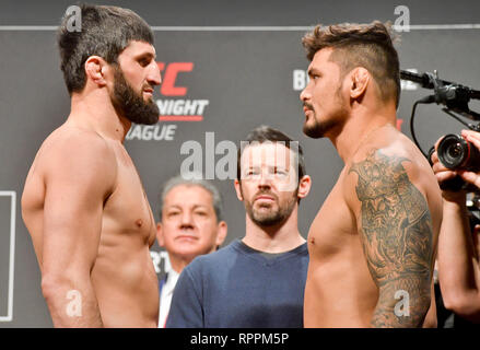 Prague, Czech Republic. 22nd Feb, 2019. Magomed Ankalaev from Russia (left) and Klidson Abreu from Brazil attend a festive weighing prior to the UFC Fight Night Prague, on February 22, 2019, in Prague, Czech Republic. The fight night will be held on February 23. Credit: Vit Simanek/CTK Photo/Alamy Live News Stock Photo