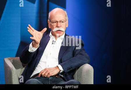 Berlin, Germany. 22nd Feb, 2019. Dieter Zetsche, chairman of the board of management of Daimler, attends a press conference in Berlin, capital of Germany, on Feb. 22, 2019. Daimler and BMW, two German luxury carmakers, revealed on Friday their plans to invest more than one billion euros (1.13 billion U.S. dollars) in the establishment of a new joint car sharing business. Credit: Shan Yuqi/Xinhua/Alamy Live News Stock Photo