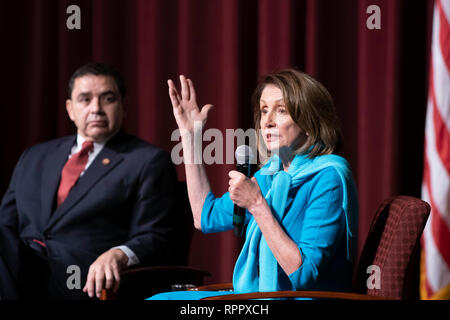 United States House of Representatives Speaker Nancy Pelosi talks during a student forum at Texas A&M International campus in Laredo, Texas,.after touring the Texas-Mexico border between Laredo and Nuevo Laredo on the other side of the Rio Grande River. Congressman Henry Cuellar, D-Laredo, listens. Stock Photo