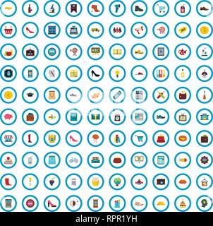 100 buying school icons set, flat style Stock Vector