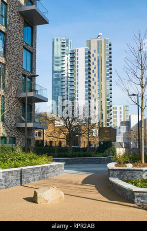 Part of the new Woodberry Down residential development in North London UK, with the Skyline apartment buildings in background Stock Photo