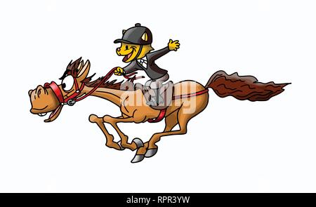 Cartoon cat riding a brown horse galloping at lightning speed vector illustration Stock Vector