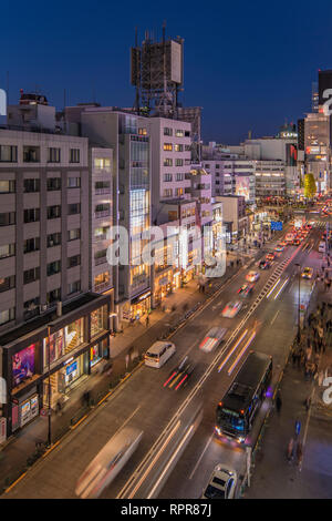 Bird’s view of the Japanese youth culture fashion’s district crossing intersection of Harajuku Laforet named champs-élysées in Tokyo, Japan at night. Stock Photo