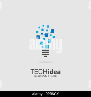 Tech idea logo, digital bulb graphic logo template. Stock Vector