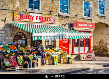 English village shop front, Greengrocers shop display  in Market Place, Tickhill in the Metropolitan Borough of Doncaster in South Yorkshire, England, Stock Photo