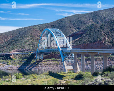 Arch bridge behind Theodore Roosevelt Dam, Arizona Highway 188 north of Globe, Arizona. Stock Photo