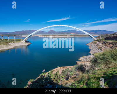 Arch bridge behind Theodore Roosevelt Dam, Arizona Highway 188 north of Globe, Arizona. Stock Photo