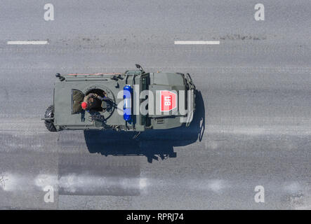 Moscow, May 9, 2018. Military police armored car ASN 233115 'Tiger-M' SpN returns from the Red Square after the Victory Day Parade, top view. Stock Photo