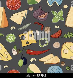 Seamless food pattern with cheese and vegetables elements. Vector doodle food pattern Stock Vector