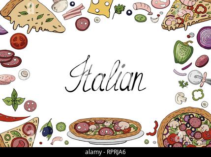 Hand drawn doodle background with italian food elements and with space for your text. Vector cartoon background on the white background Stock Vector