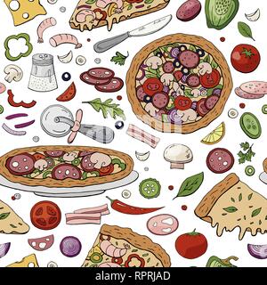 Seamless hand drawn bright pattern with different italian pizza and vegetables on the white background. Vector pizza pattern Stock Vector
