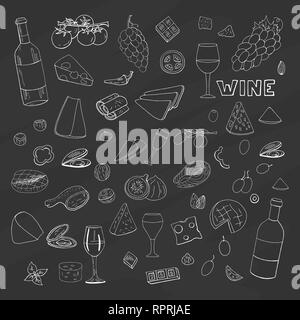 Set of hand drawn elements: wine, galsses and different food on black background. Vector doodle wine collection for cafe menu. Stock Vector