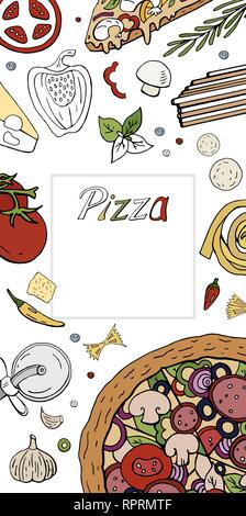 Vector vertical italian pizza banner on white. Pizza menu with hand drawn pizza collection Stock Vector