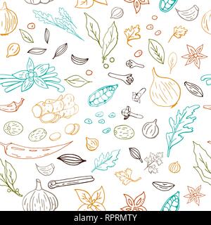 Seamless hand drawn vector pattern with different outline spices isolated on white background Stock Vector