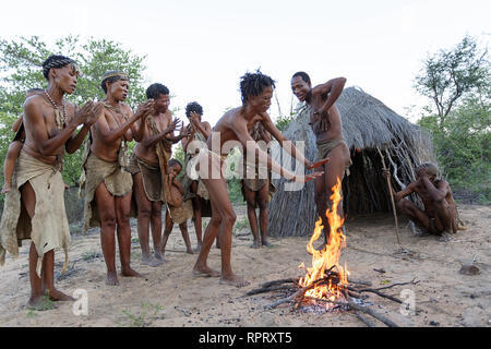 Bushmen of the San people singing and dancing traditional dances around the fire in front of the hut, Kalahari, Namibia, Africa Stock Photo