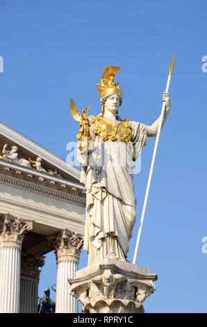 Pallas Athene, the goddess of wisdom holds a spear in her left hand and a small statue of the goddess Nike in her right hand Stock Photo