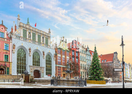 View on the Neptune's Fountain and the the Artus Court facade in Long Market, Gdansk, Poland, no people. Stock Photo