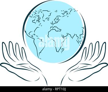 Hands carefully keeps globe. World, travel, ecology logo. vector illustration Stock Vector