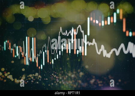 Technical price graph and indicator, red and green candlestick chart on blue theme screen, market volatility, up and down trend. Stock trading, crypto Stock Photo