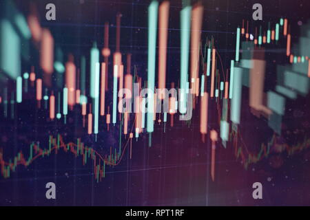 Technical price graph and indicator, red and green candlestick chart on blue theme screen, market volatility, up and down trend. Stock trading, crypto Stock Photo