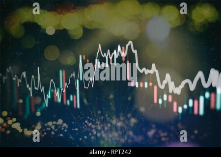 Technical price graph and indicator, red and green candlestick chart on blue theme screen, market volatility, up and down trend. Stock trading, crypto Stock Photo