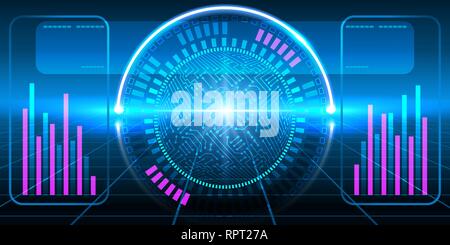 Fantastic HUD display with infographics, electronic circuit, graphs and round diagram. Futuristic interface. Stock Vector