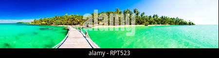 Panorama sandy tropical beach with silhouette coconut palm tree in crystal clear sea water and scenery wooden jetty out out of the horizon Stock Photo