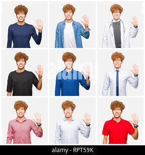 Collage of young man wearing different looks over isolated white background showing and pointing up with fingers number five while smiling confident a Stock Photo