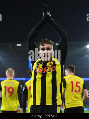 Watford's Gerard Deulofeu celebrates his side's fourth goal of the game with team-mate during the Premier League match at the Cardiff City Stadium. Stock Photo