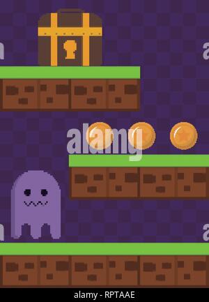classic video game scene with treasure chest vector illustration design Stock Vector