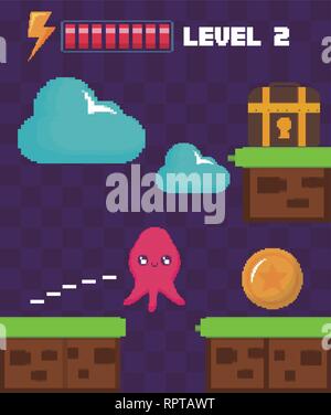 classic video game scene with alien character vector illustration ...