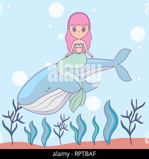 cute mermaid with whale in the sea vector illustration design Stock Vector