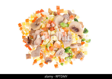 Mix of frozen cubes of vegetables with mushrooms. Studio Photo