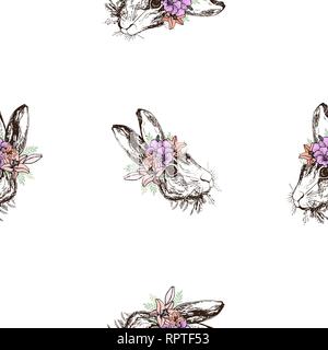 Seamless pattern of hand drawn sketch style jackrabbits isolated on white background. Vector illustration. Stock Vector