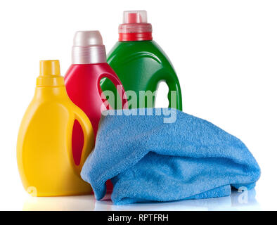 bottle laundry detergent and conditioner with towels isolated on white background Stock Photo