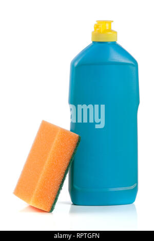 dishwashing detergent with sponge isolated on white background Stock Photo