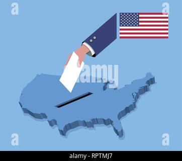 Vote for American election over a USA map. All the objects, shadows and background are in different layers. Stock Vector