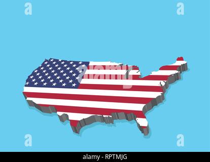 3D Map of USA with American Flag. All the objects, shadows and background are in different layers. Stock Vector